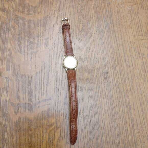 Citizen Quartz Watch Vintage Gold Tone Roman Numeral Face Date Brown Leather main image 7